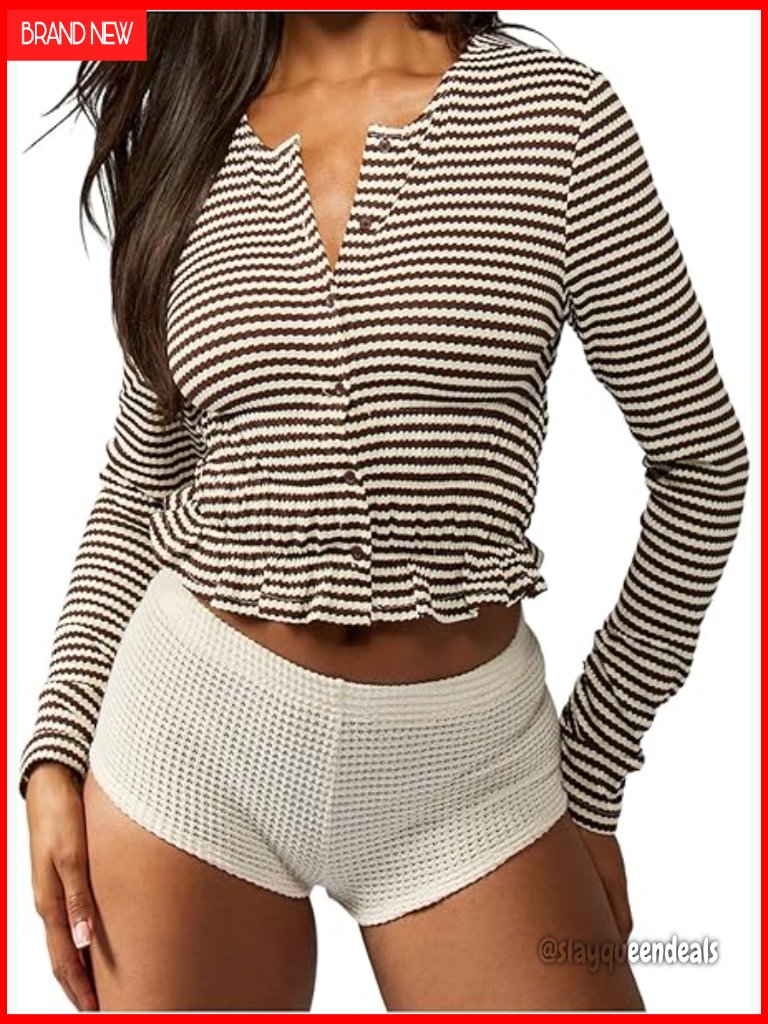 Striped Button Down Crop Top Long Sleeve Ruffle Hem Blouse